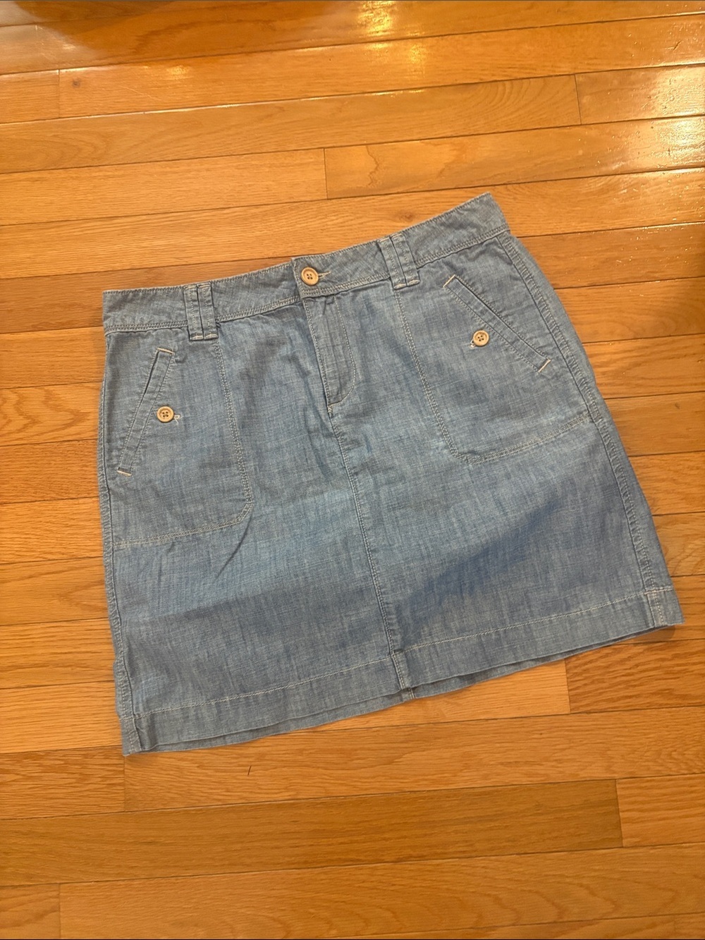 LOFT Chambray Mini Skirt in Light Blue with Button-Trim Pockets